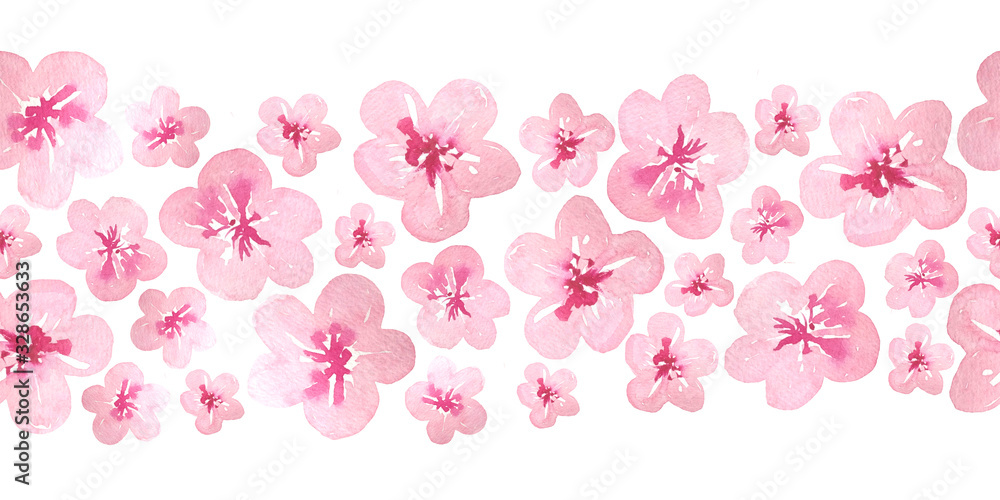 Watercolor hand drawn seamless horizontal border with pink cherry sakura flowers blossom bloom. Japanese Chinese Asian plant concept delicate elegant soft floral design illustration. Botanical cute