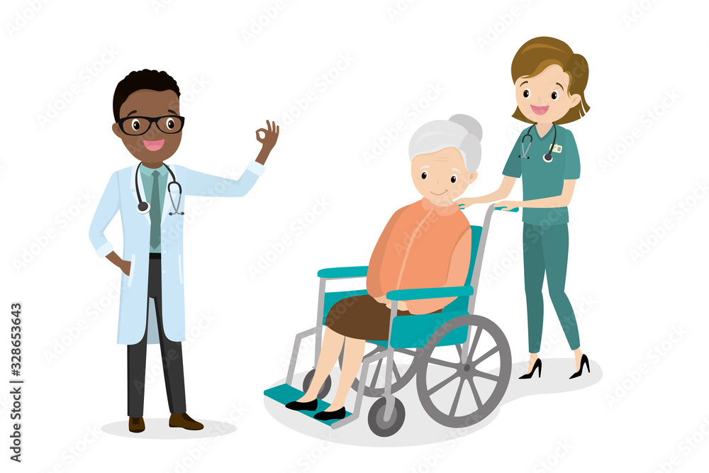 Happy old woman in a wheelchail,male african american doctor and nurse, Happy old woman in a wheelchail,male african american doctor and nurse,