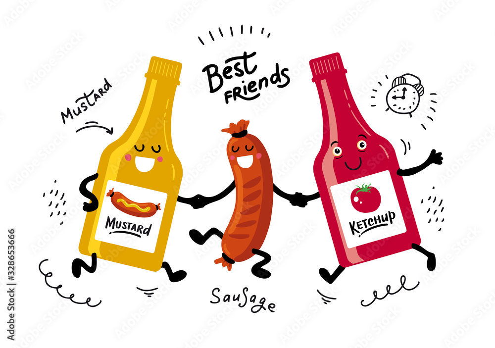 Best friends. Tomato Ketchupб sausage grill and mustard Lettering. Hand