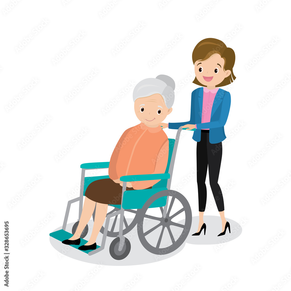 Happy old woman in a wheelchair and cute gir