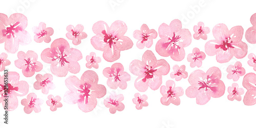 Watercolor hand drawn seamless horizontal border with pink cherry sakura flowers blossom bloom. Japanese Chinese Asian plant concept delicate elegant soft floral design illustration. Botanical cute