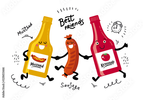 Best friends. Tomato Ketchupб sausage grill and mustard Lettering. Hand drawn vector flat cartoon illustration on isolated white background. Ketchup advertising vector concept, template. Yellow classi