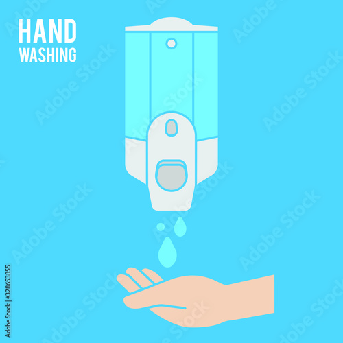 Hand wash. Hand sanitizer. Alcohol-based hand rub. Rubbing alcohol. Wall mounted soap dispenser. Wall hanging hand wash container. Protection from germs such as coronavirus (Covid-19) icon design