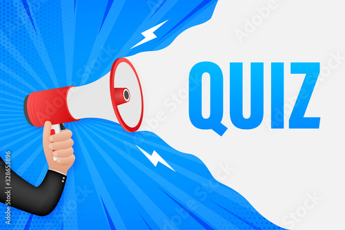 Hand Holding Megaphone with Quiz. Quiz megaphone. Web design. Vector stock illustration.
