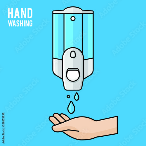 Hand wash. Hand sanitizer. Alcohol-based hand rub. Rubbing alcohol. Wall mounted soap dispenser. Wall hanging hand wash container. Protection from germs such as coronavirus (Covid-19) icon design