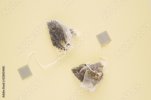 Single use nylon tea bags with plastic microparticles, environment pollution,  photo