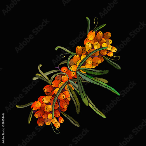 Sea buckthorn berries branch. Autumn garden art. Embroidery design. Fashion template for design of clothes, tapestry