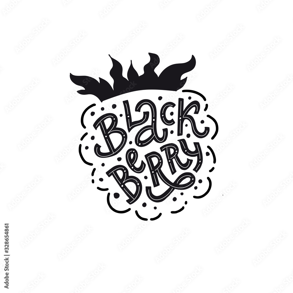 Blackberry Lettering- Hand-drawn vector flat cartoon illustration on an isolated white background. Great berry print for labels, juice or jam packs.