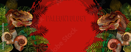 Tyrannosaurus rex head, ammonite fossil and palm leaves. Template for design. Prehistoric life of dinosaurs. Archeology and paleontology banner
