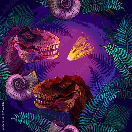 Asteroid that wiped out the dinosaurs. Tyrannosaurus rex, palm leaves, ammonite fossil. Prehistoric life. Archeology and paleontology art. Template for print design