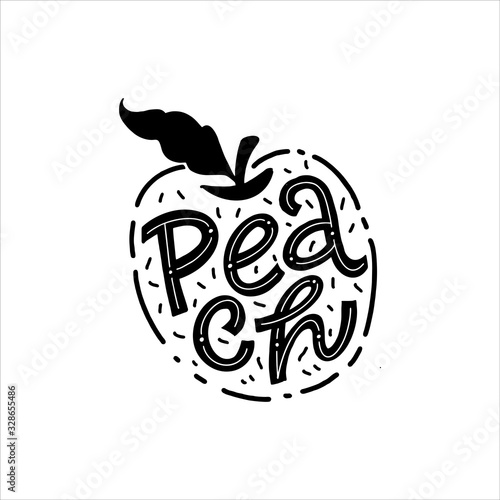 Peach Lettering- Hand-drawn vector flat cartoon illustration on an isolated white background. Great fruit print for labels, juice or jams packs.