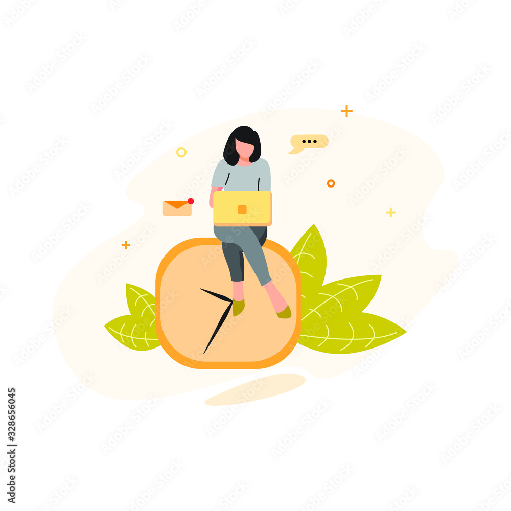 Fototapeta premium Vector cartoon of a business woman sitting doing her work to catch a deadline. Modern design with flat illustration concept suitable for background, wallpaper, banner, cover, business, poster.