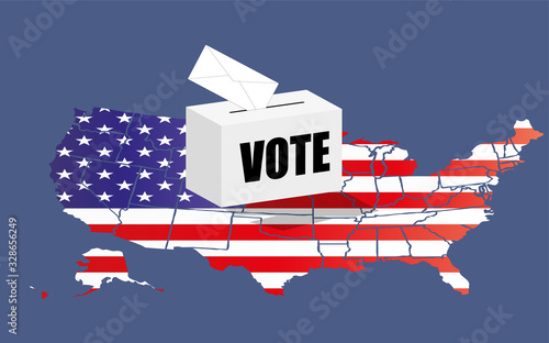 Urna para votar sobre el mapa de estados unidos de américa con su bandera