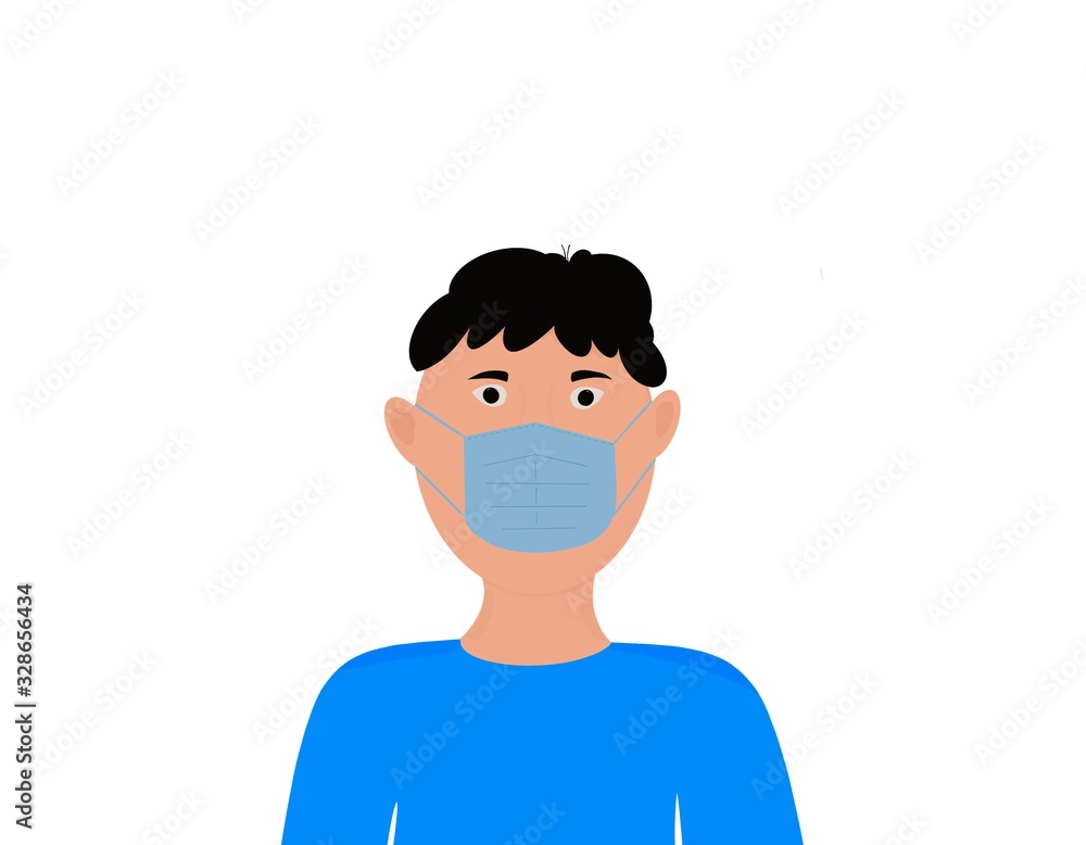 Hand draw cartoon man protection from virus wearing blue mask on he face in isolated white background 