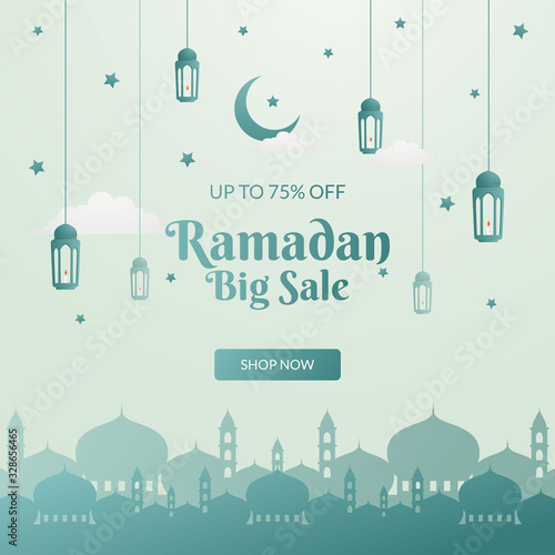 Ramadan sale poster promotion with crescent moon, stars, lantern, and landscape mosque. Islamic Background. Flat Illustration. Vector Illustration.