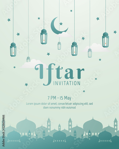 Ramadan poster for iftar invitation with crescent moon, lantern, stars, and landscape mosque. Flat Illustration. Islamic Poster. Vector Illustration