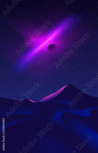 Science fiction illustration of desert art at night time
