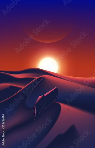 Spaceship fleet flying over the desert
