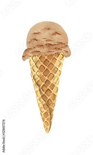 Watercolor ice cream chocolate ball in a waffle cone. Hand drawn illustration on a white background.