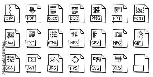 Icons for popular file and document formats. File label sketch. Cartoon hand drawn vector white and black outline line.