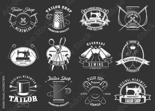 Sewing and tailor vector icons set. Monochrome sewing machine and scissors, thread and needles, button and thimble, fabrics and mannequin, pin and hairpin icons for handmade of fashion