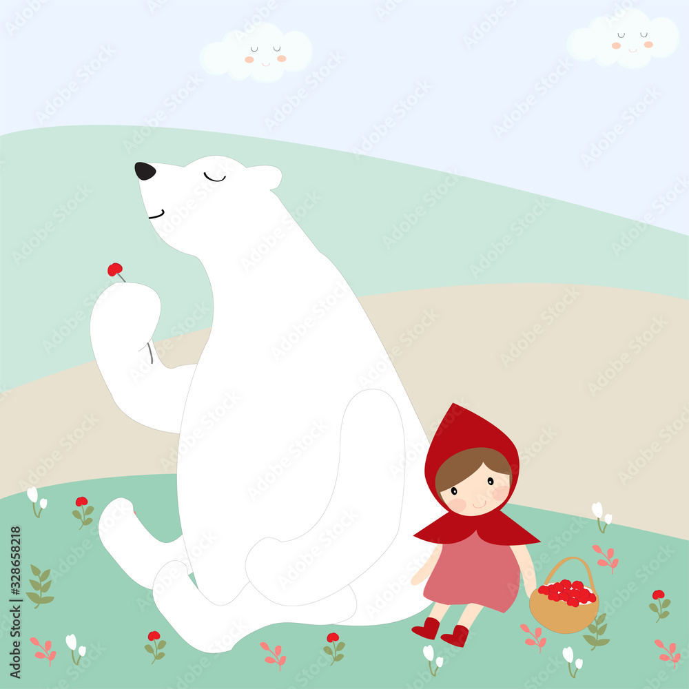 Bear and red hood girl in spring garden Bear and red hood girl in spring garden