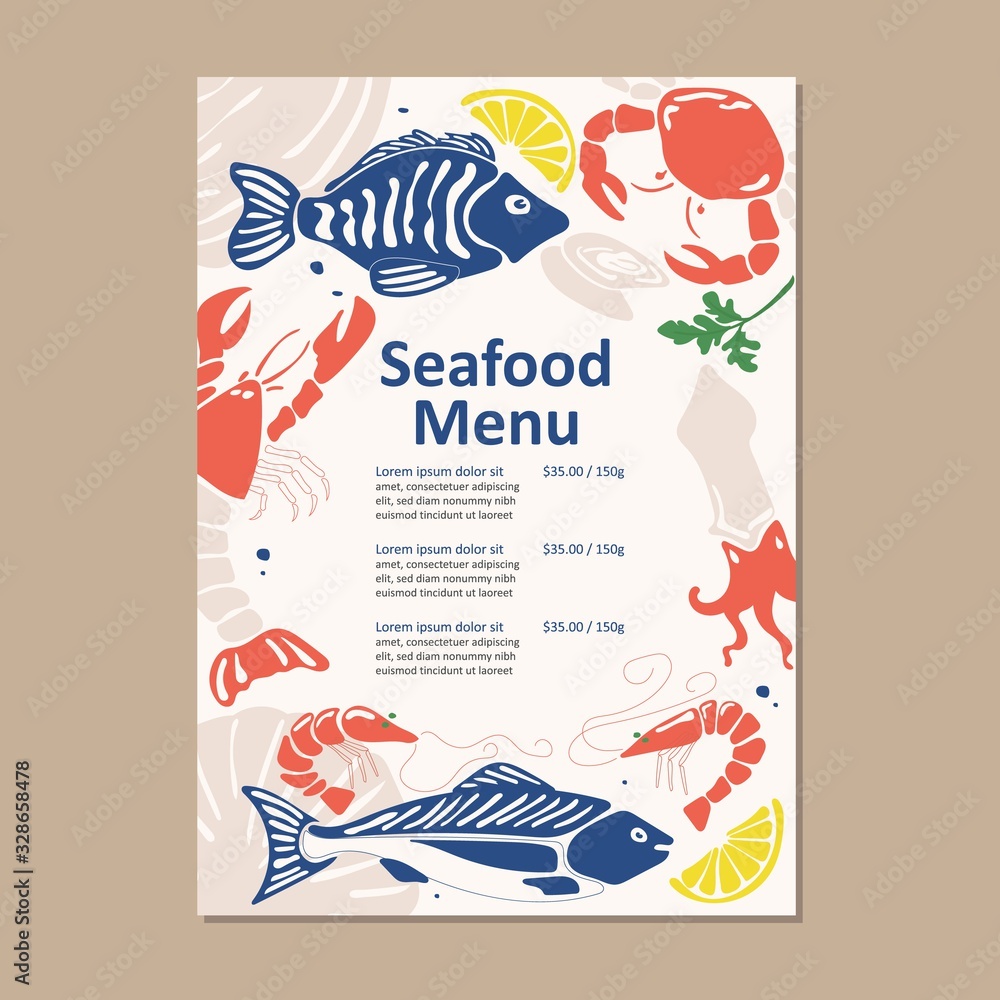 Seafood menu for restauran. Design template with hand-drawn graphic elements in doodle style.