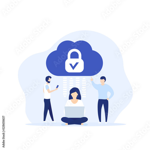 Secure cloud access, protected hosting vector illustration with people