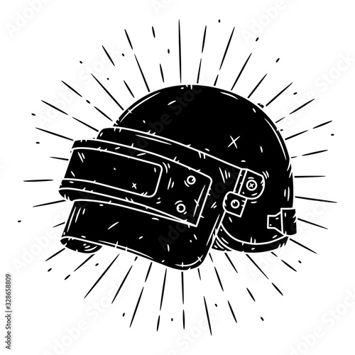 Helmet and divergent rays. Used for poster, banner, web, t-shirt print, bag print, badges, flyer, logo design and more. Vector illustration.