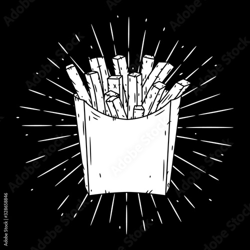 French fries in red paper box and divergent rays. Used for poster, banner, web, t-shirt print, bag print, badges, flyer, logo design and more. Vector illustration