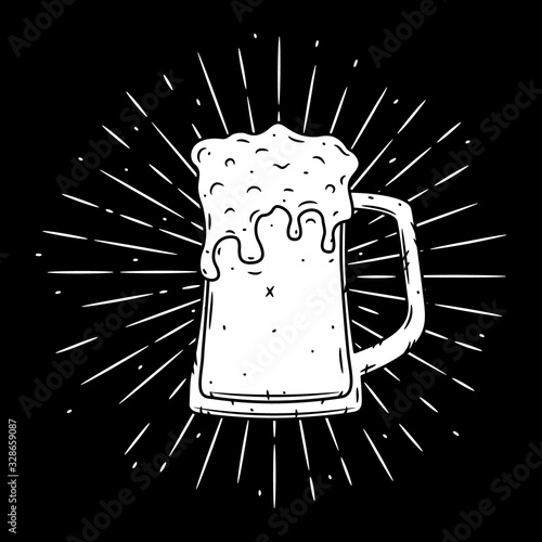 Vector illustration with Glass of beer and divergent rays. Used for poster, banner, web, t-shirt print, bag print, badges, flyer, logo design and more.
