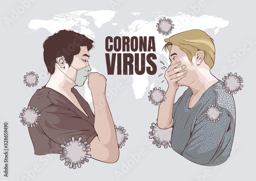 Coronavirus disease 2019, vector illustration of A man coughing and man in white medical face mask.