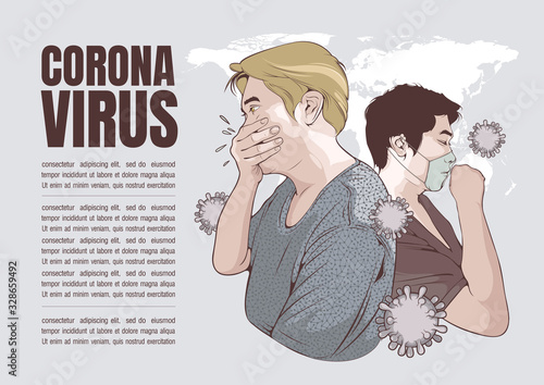 Coronavirus disease 2019, vector illustration of A man coughing and man in white medical face mask.
