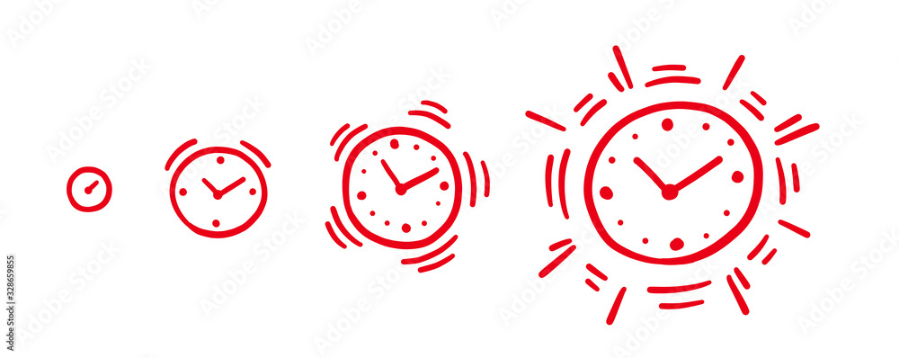 Alarm-clock louder. Alarm ringing increasing volume gradually animation progression. Sketch hand drawn red line. Flat vector infographic. - obrazy, fototapety, plakaty 