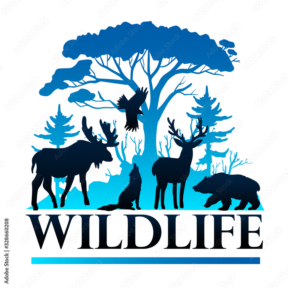 Wildlife vector poster with trees, pine, elk, wolf, deer, bear and