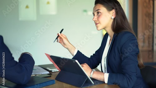 Caucasian male and female office colleagues discussing business information dor collaboration during brainstorming meeting, progressive executive managers communicating indoors
