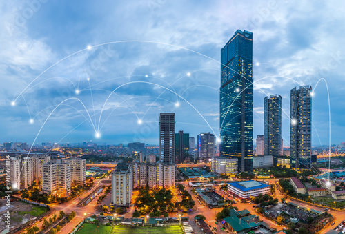 Smart city and wireless communication network concept. Digital network connection lines of Hanoi city