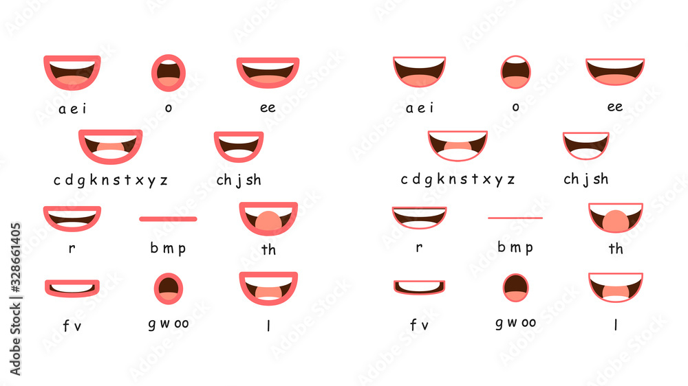  Animación de boca.  Colección de sincronización de labios para animación.  Sincronización de boca de dibujos animados para pronunciación de sonido.  Vector, ilustración, en, plano, estilo Colección de ilustraciones