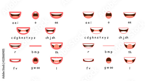 Mouth animation. Lip sync collection for animation. Cartoon mouth sync for sound pronunciation. Vector illustration in flat style photo