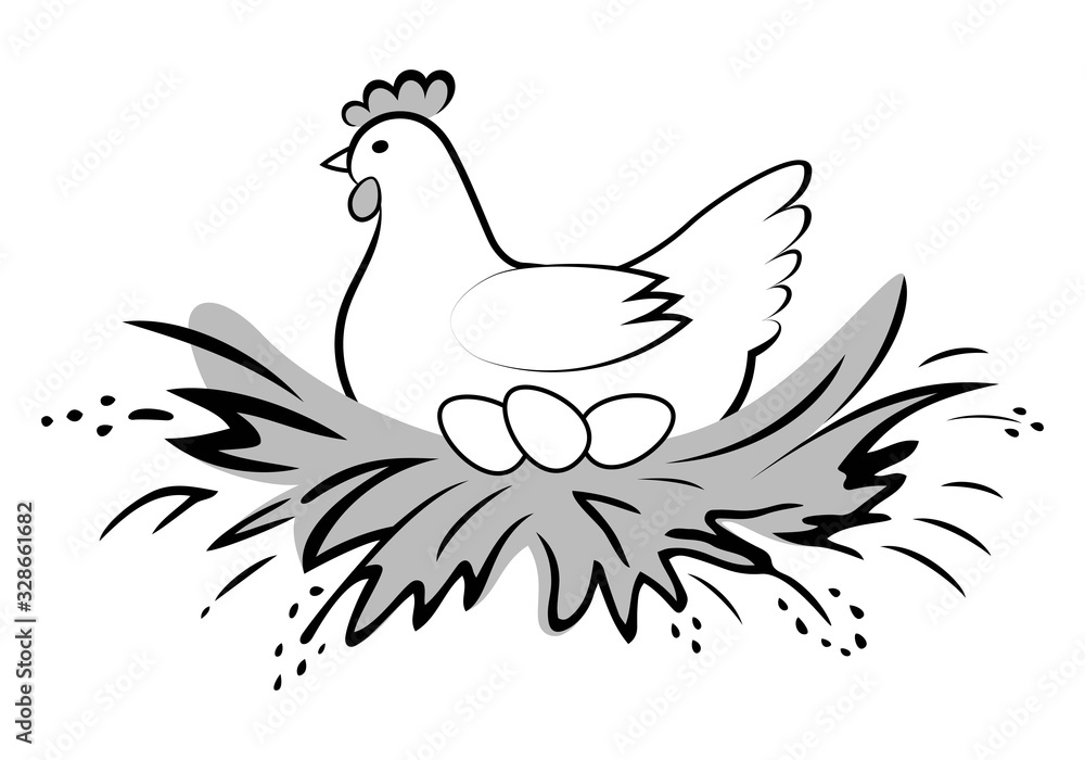 Hen incubate eggs in the nest on white background. Vector logo chicken farm. Products from chicken meat and eggs. Poultry farm. Hen incubate eggs in the nest on white background. Vector logo chicken farm. Products from chicken meat and eggs. Poultry farm.