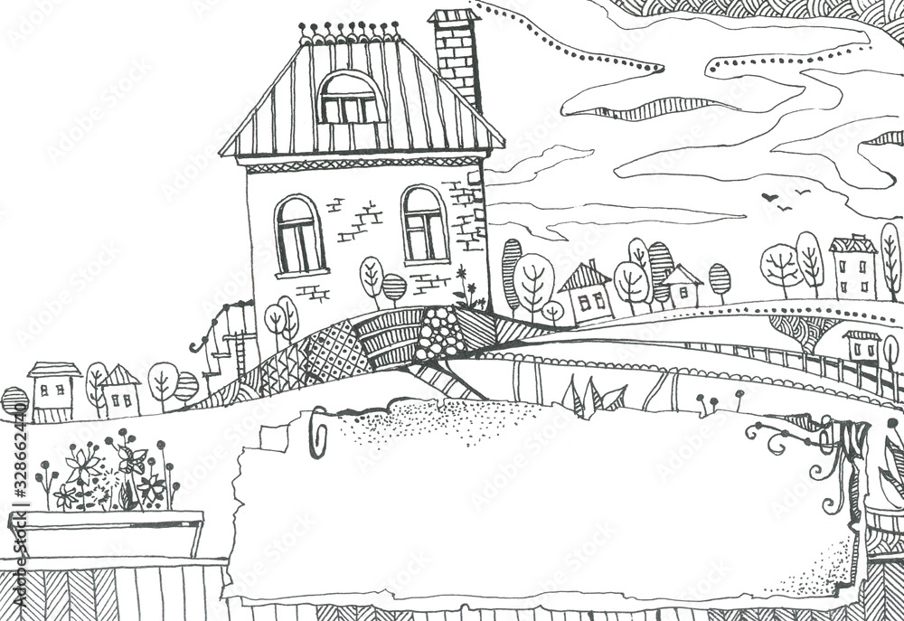 Big house on the hill on the background of village. Black and white hand drawn image with places for text.