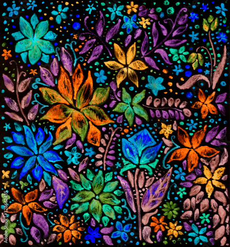 Bright shiny flowers on black background. Fantasy floral pattern. © Happy Dragon