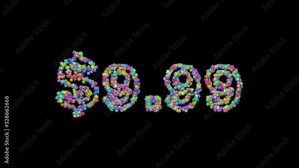 $9.99: 3D illustration of the text made of small objects over a black background with shadows