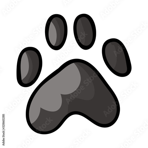 Cute cartoon spotted grey dog paw print vector clipart. Wildlife animal foot print for dog lovers. Stylized fun kids nature trail. Illustration mark. Isolated claw walking print. EPS 10.  photo