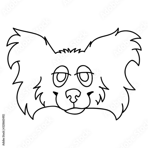Cute cartoon papillon dog face monochrome lineart vector clipart. Pedigree kennel puppy breed for dog lovers. Purebred domestic puppy for pet parlor illustration. Isolated canine fluffy. EPS 10. 
