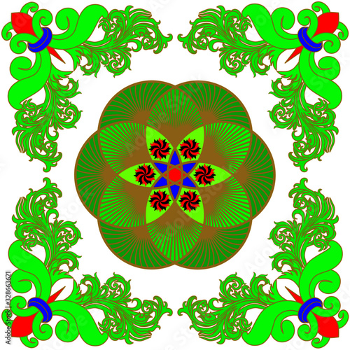 green background with motif of green Flower