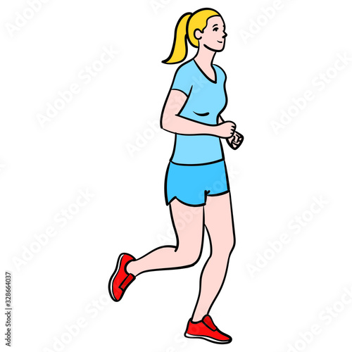 blonde jogger with blue sport outfit. isolated, vector, cartoon, full body.