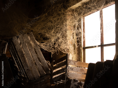 An old window is shrouded in cobwebs with abandoned box