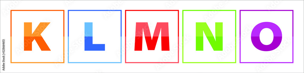 The colorful K,L,M,N,O letters, made with orange- red, purple, blue, green color. Each letter is in the frame and the background is white The colorful K,L,M,N,O letters, made with orange- red, purple, blue, green color. Each letter is in the frame and the background is white