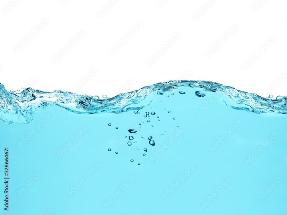 blue water surface with splash, waves and air bubbles on white background blue water surface with splash, waves and air bubbles on white background